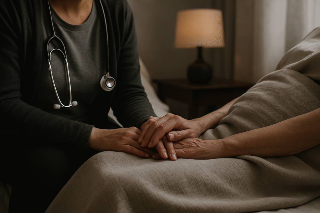 Une infirmière tient doucement la main d’un patient alité, dans une chambre paisible éclairée par une lampe, symbolisant la compassion et la présence bienveillante en soins palliatifs à domicile.