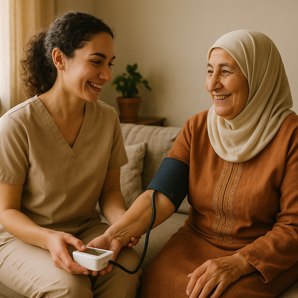 Infirmière à domicile prenant la tension d’une patiente âgée maghrébine dans un salon bruxellois, ambiance chaleureuse et authentique.