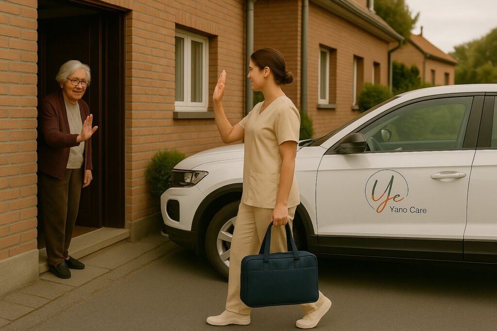 Infirmière YanoCare en tenue beige saluant une patiente âgée sur le pas de sa porte devant un véhicule de service garé dans une rue résidentielle.