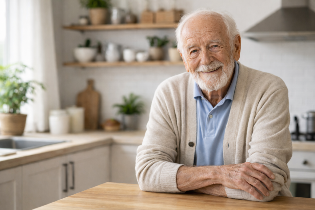 Homme âgé souriant dans sa cuisine, éclairée par la lumière naturelle, illustrant le maintien à domicile et le bien-vieillir chez soi.