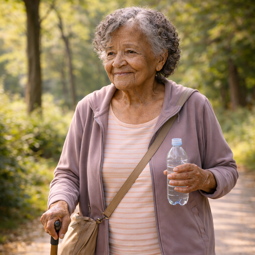 Personne âgée marchant dans un parc avec une canne, activité physique douce pour prévenir les chutes et maintenir l’autonomie.