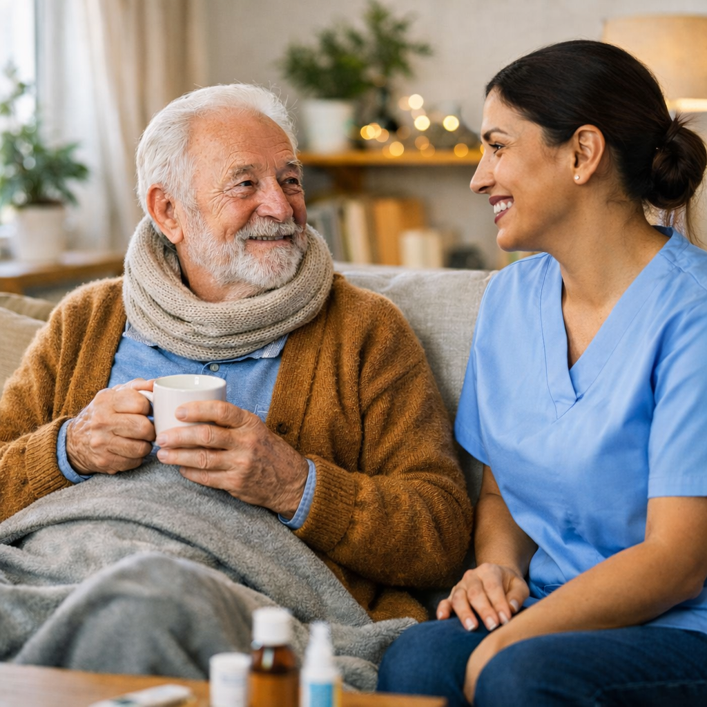 Infirmière à domicile accompagnant un senior chez lui en période de prévention des maladies respiratoires